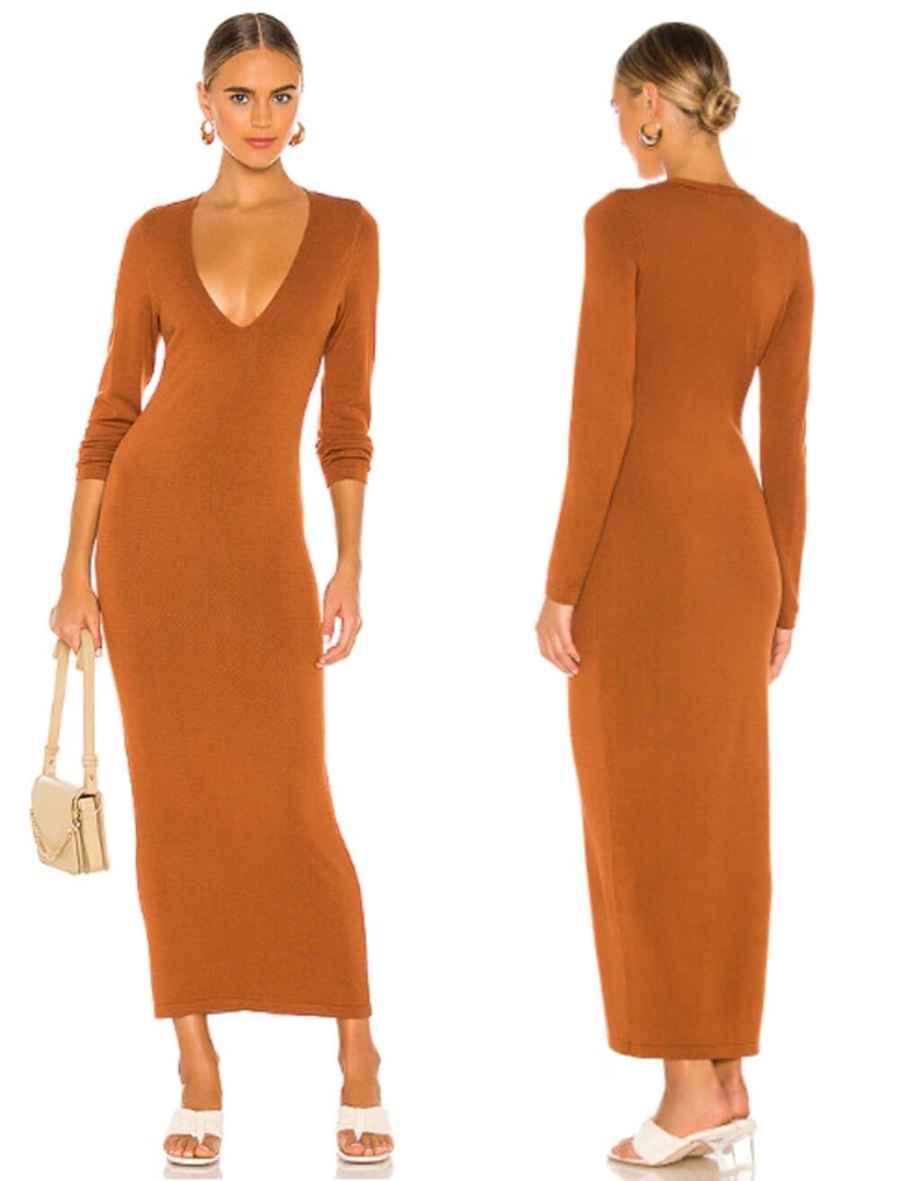 L'Academie Deena Long Sleeve Plunging V-Neck Knit Maxi Dress Brown Womens XS